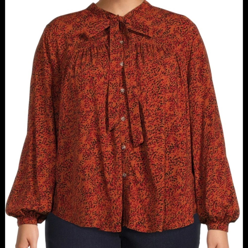 Terra & Sky Rustic Abstract Spotted Button Up Tassel Blouse Plus Size 2X